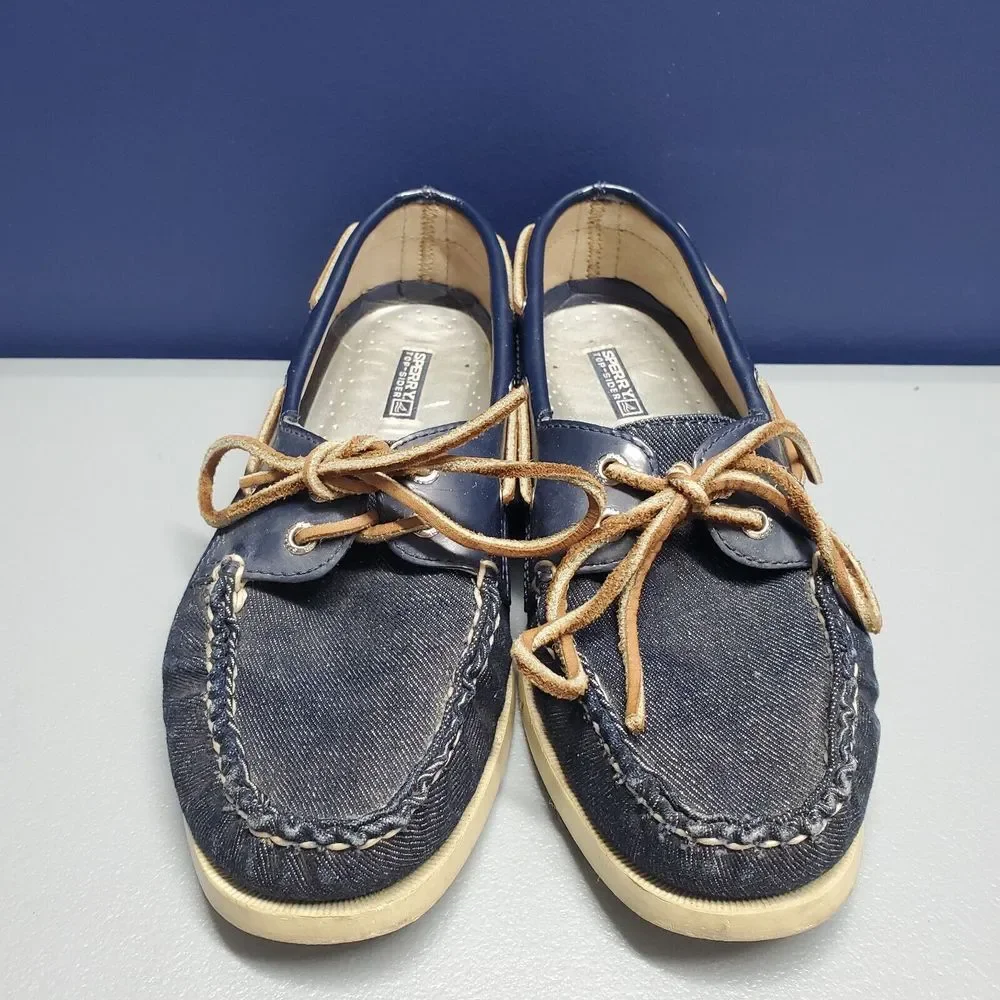 SPERRY Top Sider Angelfish Boat Shoes Women 7.5 Navy Denim 2 Eye Slip On 9294307